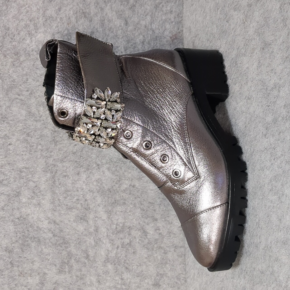 Karl Lagerfeld Metallic Silver Leather Ankle Boots with Jewel Strap